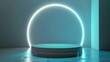 Abstract shine silver cylinder pedestal podium. Sci-fi white empty room concept with semi circle glowing neon lighting.