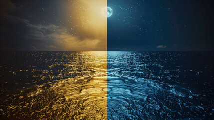 Wall Mural - Moonlit Sea, Reflection of the Moon on Water, Night Sky with Stars