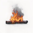 A fire ignites a piece of wood, emitting black smoke.