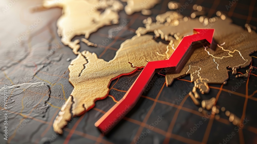 Gold chart with a red arrow pointing into the crack of the world map ...