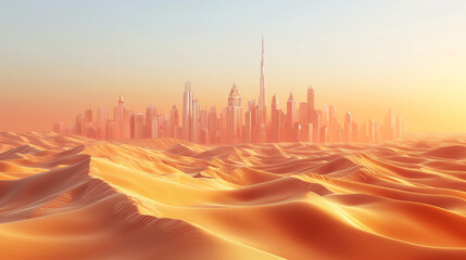 Middle east skyline with nature. abstract design template. skyscraper and dune sand, 3d illustration. isolated background. desert sand plot.