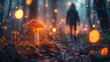 Hiker Walking Through Mushroom-Filled Forest