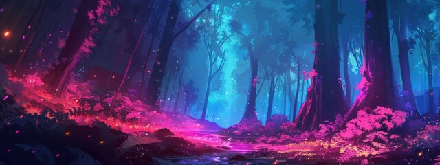 Wall Mural - A journey through a glowing neon forest in a futuristic world.