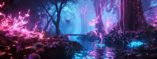 Wall Mural - A journey through a glowing neon forest in a futuristic world.