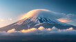 Landscape view of clouds swirling around the snow-capped peak of Mount Fuji, graced by a captivating lenticular cloud formation, highlighting its timeless beauty and majesty.