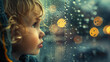 A pensive young child looks out a window streaked with raindrops, capturing a moment of contemplation and childhood wonder.