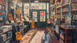 © Татьяна Евдокимова - Artistic depiction of a cozy, retro music store full of vinyl records and guitars
