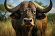 Majestic bull, imposing horns, grazing in Campo Verde., generative IA