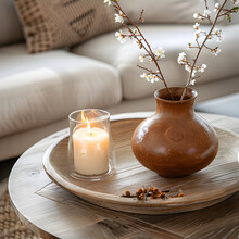 Close Up Of Round Wooden Coffee Table. Clay Bowl With Burning Candle And Glass Vase With Flower Twigs. Scandinavian Home Interior Design Of Modern Living Room. 3d Render.