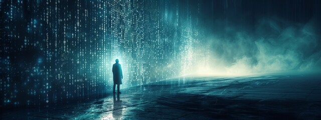 Poster - A lone figure casting a light onto dark, encrypted code, representing the fight against ransomware and the search for vulnerabilities, space for text on the left
