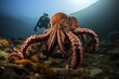 Divers admire the intelligence of a colorful octopus., generative IA