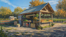 Charming Painting Captures A Family-owned Farm Stand Abundant With Fresh Organic Fruits And Vegetables In A Pastoral Setting
