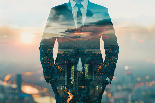 Leader or confident businessman hands on his waist in a silhouette double exposure. in the background is view of city. stylish in the style of double exposure