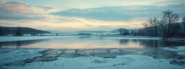 Wall Mural - A serene, winter scene of a frozen lake under a soft, blue twilight sky.