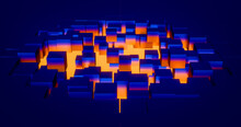 A ruined surface of blue cues illuminated by orange light. 3D rendering