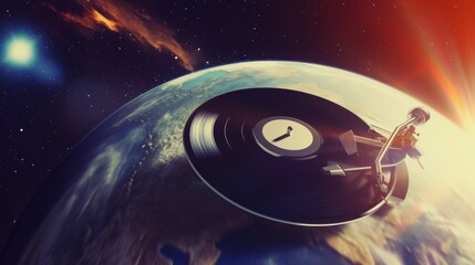 An imaginative depiction of a vintage vinyl record player orbiting Earth, with a fiery comet and radiant stars in the distant cosmos