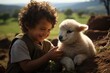 Child caress sheep on sunny farm., generative IA
