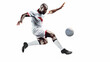 Football Player Strikes Ball Midair on White Background
