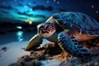 Marine turtle spawning eggs under the full moon., generative IA
