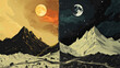 the sun is in the left sky and the moon is in the right sky. The sky is dark at night. The mountains are presented in beige and black to contrast with the sky. Animals and plants retain their bright 