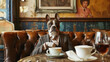 A dog dressed in a suit is seated at a table, holding a cup of coffee