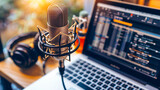Fototapeta Londyn - Podcasting Studio Setup, Professional Microphone and Broadcasting Equipment, Music Recording
