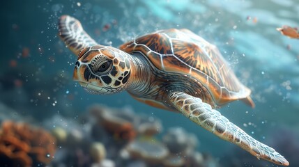 Sea turtle swimming in the ocean. Underwater world.