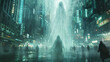 A scene with a ghostly banshee wandering through the hologram-filled streets of a future city her eerie wails echoing between the advanced structures