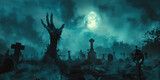 Fototapeta  - halloween background, Hand of the zombie coming out from ground on  full moon night sky with fog and tombstones background, scarry night horror, banner