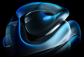 Wall Mural - 3d render of abstract art part of surreal alien flower in curve wavy round and spherical lines forms in transparent plastic material with glowing blue and white color core on black background