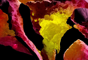 Wall Mural - 3d render of abstract art 3d background with part landscape mystic mountains with rough rock surface with big crack in the middle with glowing neon red purple and yellow red light inside