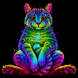Fototapeta Konie - Abstract, multicolored portrait of a cat sitting on his ass in watercolor style on a black background. 