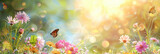 Fototapeta Na drzwi - Beautiful spring meadow  background with grass, flowers and butterflies on a sunny day.  pink daisies and a purple butterfly in the sunlight. Spring concept banner design. Easter day. 