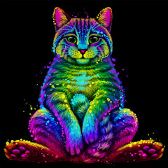 Wall Mural - Abstract, multicolored portrait of a cat sitting on his ass in watercolor style on a black background. 