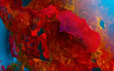 Wall Mural - 3d render abstract art 3d background texture with multilayer rough metal rock stone mountain object with big cracks in the middle with in glowing rusty red orange color with blue color aura around 