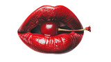 Close up woman lips with a cherry. Sexy female red lips and lipstick isolated on transparent background