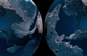 Wall Mural - 3d render of abstract art parts of 3d blue glass balls or spheres planets earth with translucent rough iron metallic rock mineral object inside with big cracks and gaps on isolated black background