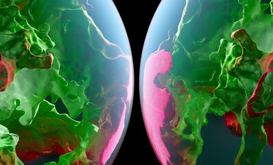 Wall Mural - 3d render abstract art half of 3d glass balls or spheres planets with translucent rough metal rock objects with big cracks in the middle with glowing mystic neon red green light inside on black