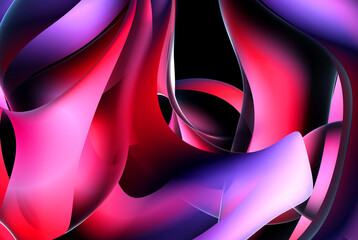 Wall Mural - 3d render abstract art of surreal 3d background in curve wavy round and spherical lines forms in transparent plastic material with glowing purple pink and white color core on black background