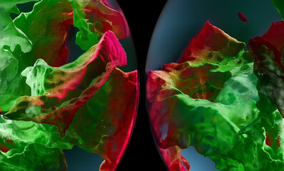 Wall Mural - 3d render abstract art half of 3d glass balls or spheres planets with translucent rough metal rock objects with big cracks in the middle with glowing mystic neon red green light inside on black