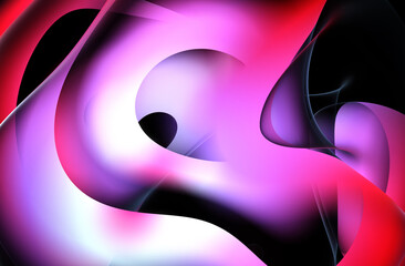 Wall Mural - 3d render abstract art of surreal 3d background in curve wavy round and spherical lines forms in transparent plastic material with glowing purple pink and white color core on black background