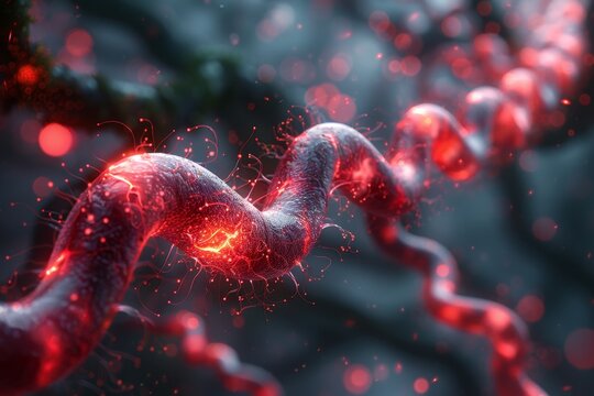 An artistic 3D visualization of blood vessel cells interacting with oxygenated blood, depicting cellular activity in the vascula