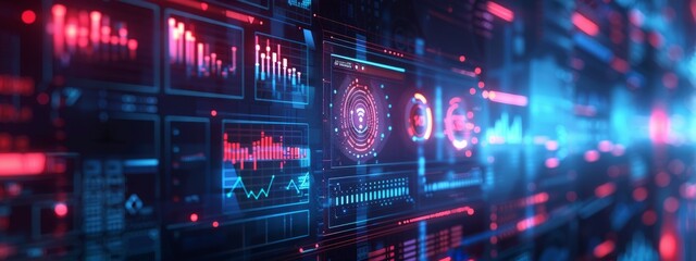 Wall Mural - Animated indicators of cybersecurity health status, from critical to secure, with designated text areas for detailed explanation.