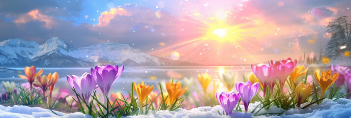 Wall Mural - purple, pink, and yellow flowers on snowy landscape, winter flower themes, banner