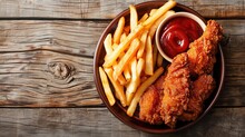 A Plate Of Crispy Fried Chicken Tenders And French Fries On A Rustic Wooden Table, Reminiscent Of A Cozy Home Kitchen