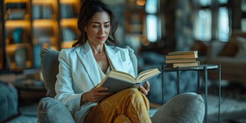 In a stylish cafe, a smiling woman indulges in her hobby of reading, immersed in a book.