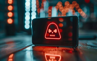 Poster - warning signs of a phishing sms being detected on a smartphone and triggering a security alert.