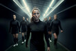 womens soccer football players A pre or post match shot entering or leaving stadium tunnel before after match dramatic tension builds from result of league cup tournament game black kit