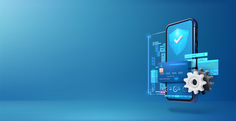 Aufkleber - Online banking protection, The concept of smart wallet with an application for payment by credit and debit cards. Smartphone with a shield icon, representing digital security and secure mobile.