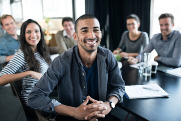 Poster - Employees, interview and portrait with office, meeting and discussion for work conference. People, startup and seminar for coaching, collaboration and brainstorming for job or career with notes